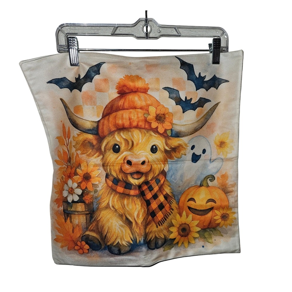 Cute Highland Cow Pumpkin Ghost Halloween‎ Pillow Cover Fall Decor Accent